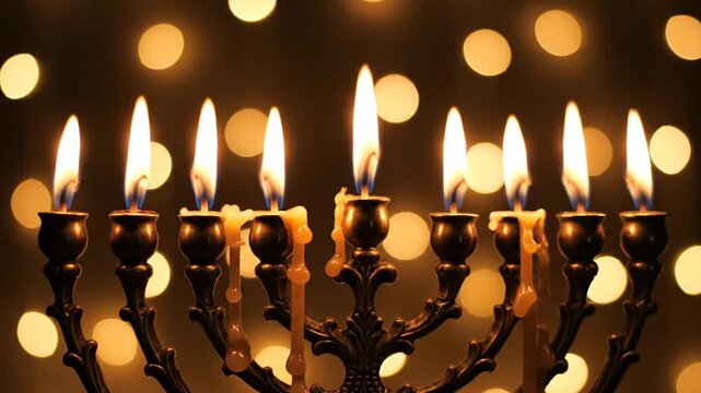 Burning candles on Hanukkah menorah with festive bokeh lights