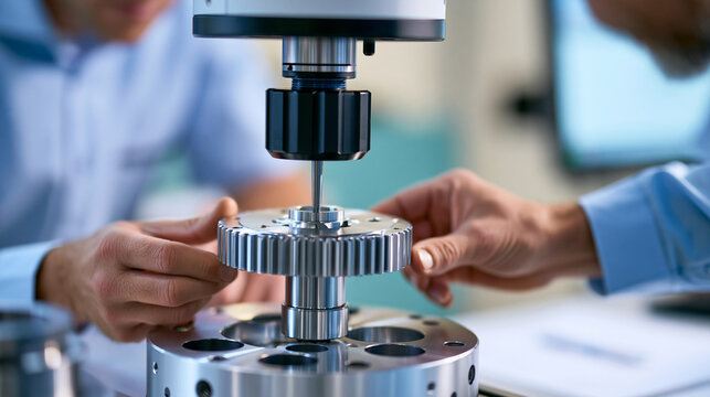 Close-up of operator performing dimension inspection on metal parts using CMM after machining process, defocused background, with copy space