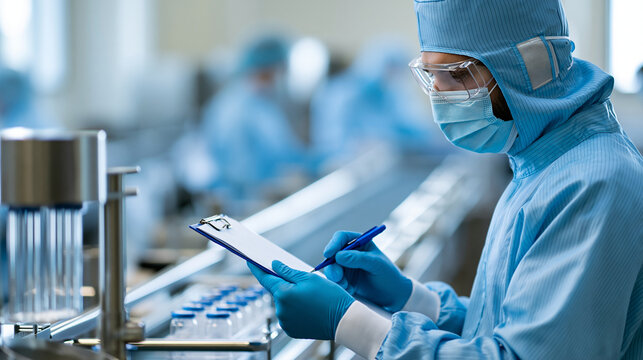 Faceless pharmaceutical worker in protective cleanroom suit inspecting production line with clipboard, defocused sterile laboratory background, with copy space