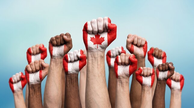 Canadian flag painted fists raised in protest, diverse crowd showing national pride, Canada day celebration and unity concept