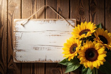 Obraz premium Rustic wooden background features whitewashed sign hanging on twine. Bright sunflowers border empty space for text. Farmhouse decor with floral arrangement for cozy autumn vibe.