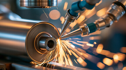 Fototapeta premium Close-up of guide rolls on grinding machine with bright sparks and automated arms checking roll surface accuracy, defocused background, with copy space