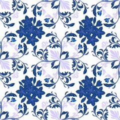 Fototapeta premium Seamless floral pattern with vintage symmetrical arabesque scrolls and blooming acanthus leaf motifs background texture. 
