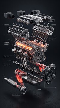 Detailed 3D technical exploded view diagram of a high performance V12 twin turbo engine showing internal fire combustion and mechanics