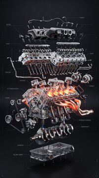 Detailed 3D technical exploded view diagram of a high performance V12 twin turbo engine showing internal fire combustion and mechanics