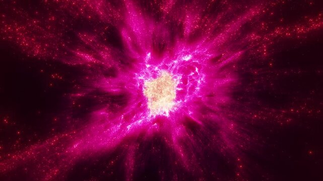 A vibrant cosmic explosion of glowing particles creates a stunning effect reminiscent of the birth of a new star or a powerful release of energy in the depths of the universe. Suitable for science, fa