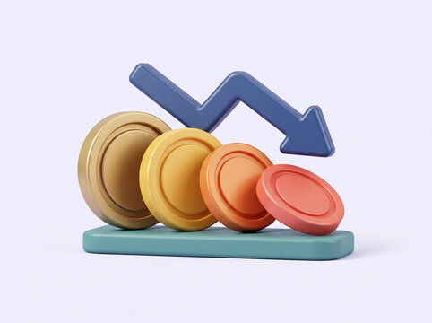 Falling arrow and coins representing a bearish market