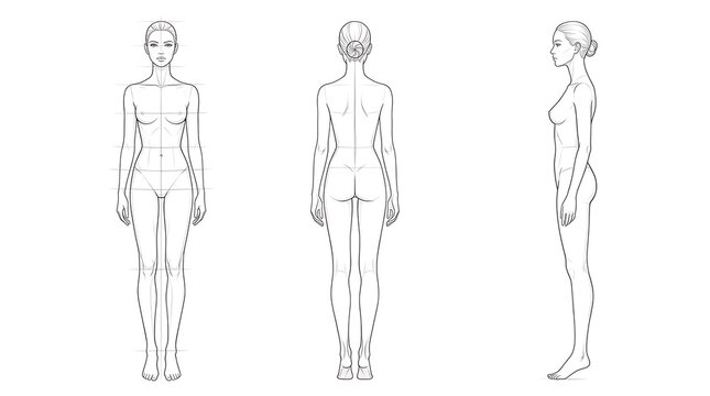 Anatomical female fashion croquis template featuring front, rear, and profile perspectives for professional clothing design, garment prototyping, and fashion sketching on white