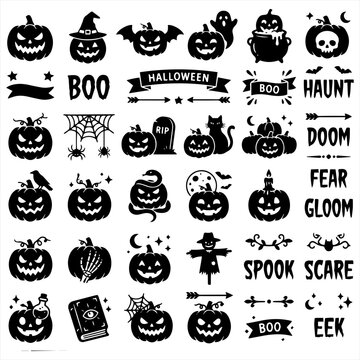 Halloween theme icon set with spooky pumpkins and festive typography for seasonal graphic design