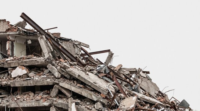 collapsed and destroyed remains of wrecked building on white background
