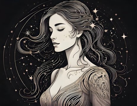 Virgo Zodiac Maiden Portrait with Constellation on Black Background