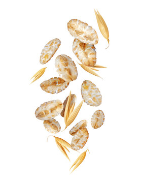 Oat flakes flying in the air close up isolated on a transparent background