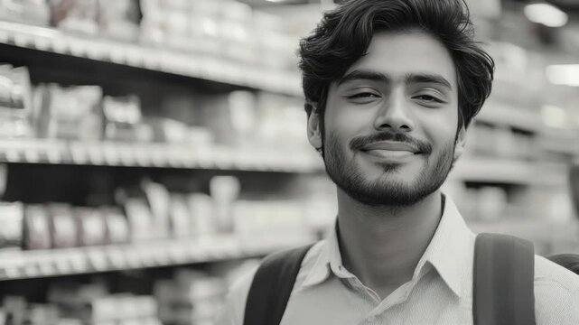 A man with a smile on his face looking at the camera while standing in a supermarket aisle.