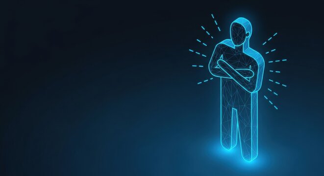 Glowing abstract blue wireframe woman figure radiating light and energy on a dark background, representing futuristic innovation and connection