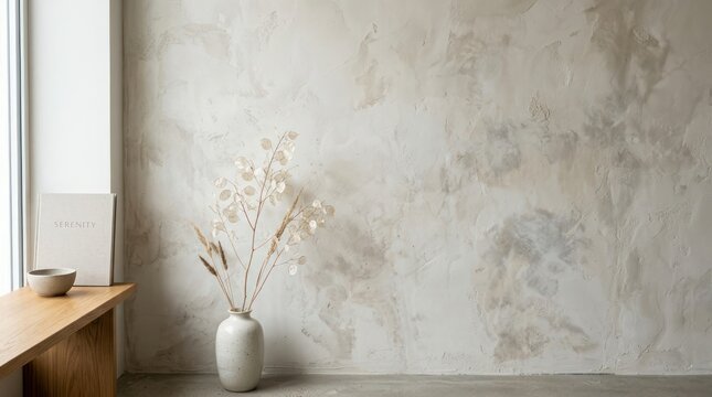 Textured wall with dried flowers and book
