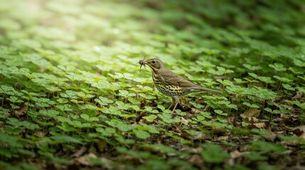 Obraz premium Song thrush bird stands in green clover forest floor holding insect in its beak. Small animal finds food in woodland habitat during daytime. Birdwatching scene.