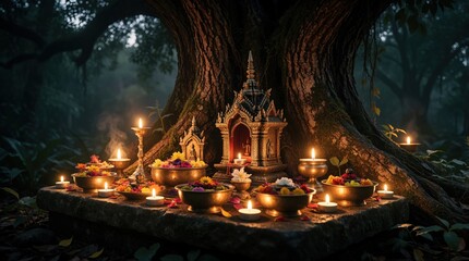 Fototapeta premium Sacred forest altar with glowing candles offerings of flowers and fruit sits near ancient tree. Spiritual ritual site bathed in mystical light creates atmosphere of peace and tradition.