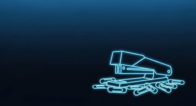 Blue neon outline illustration of a modern office stapler against a dark blue background