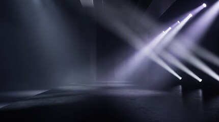 Obraz premium Empty performance space with dramatic diagonal spotlight beams