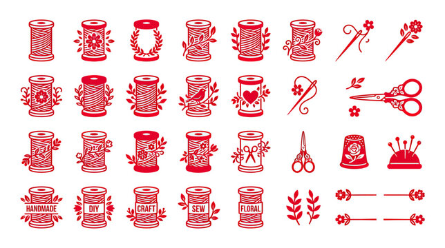 Red Thread Spools and Sewing Tools Collection