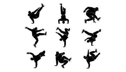  Set of black vector silhouettes featuring male breakdancers performing dynamic hip hop street dance moves freezes and handstands isolated on white background