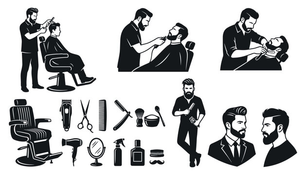 Barbershop vector set with barber cutting hair, shaving beard, scissors, clipper, chair, and male hairstyle silhouette icons on white background
