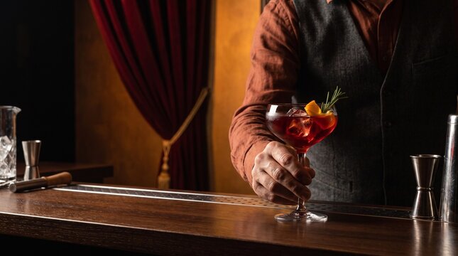 Bartender presents a garnet autumn mocktail at the bar