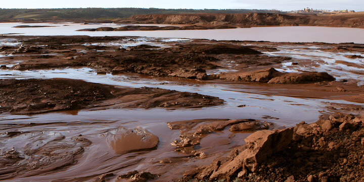 The mineral tailings mud, arising from a dam breach, underscores the environmental ramifications of mining operations. This mineral tailings mud illustrates the difficulties in handling mineral tailin