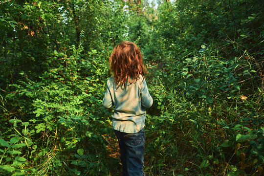Boy walking into dense green bushes from behind