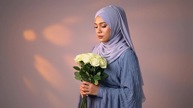 A serene portrait of a modestly dressed Muslim woman in a lilac hijab holding a white bouquet against a warm bokeh background