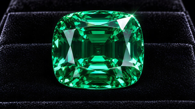 Emerald green cushion cut gemstone displayed on black velvet, showing precise faceting, transparent crystal structure, and polished surface