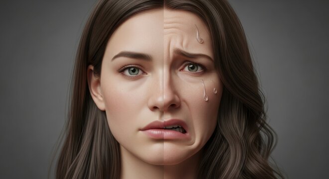 Woman's Face Showing Dual Emotions of Distress and Calm