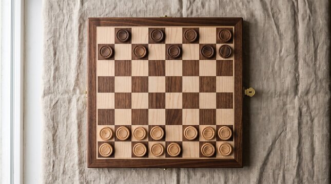 Wooden checkers and chessboard arranged for a game  