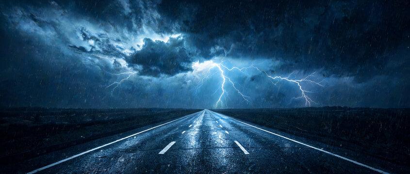 Dark asphalt highway road under a dramatic stormy night sky