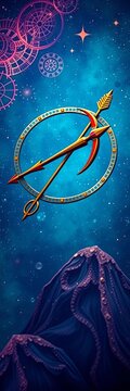 Sagittarius icon with adventurous arrows and expansive circles, zodiac, Sagittarius
