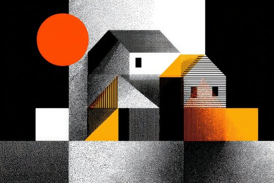 Geometric Abstract Houses Composition with Sun and Shapes