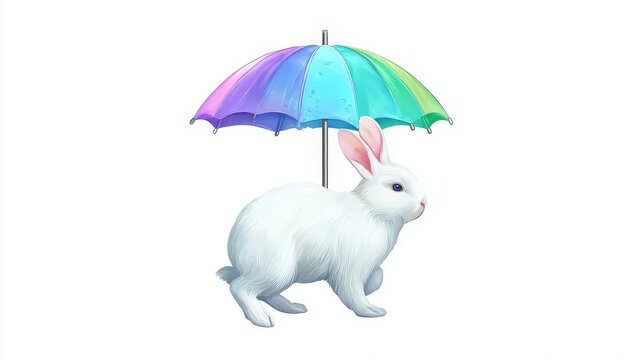 White rabbit holding colorful umbrella in studio setting with white background