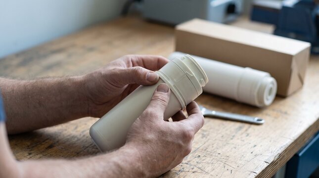 Hands examine a sealed household water filter cartridge