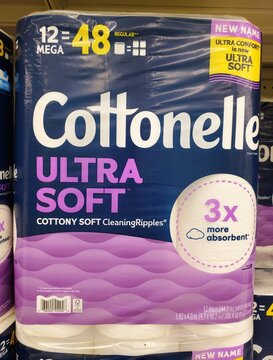 Wilmington, Delaware, U.S.A - Aug 7, 2026 - Cottonelle Ultra Soft package highlighting absorbency, CleaningRipples texture, new name update, and 12 mega rolls equal to 48 regular.