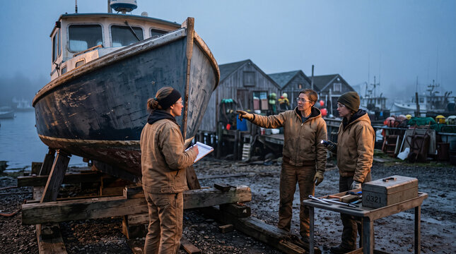Female marine crew inspect a workboat at coastal dawn