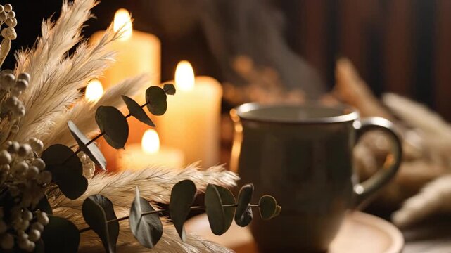 Cozy mug with candles and dried plants in warm light