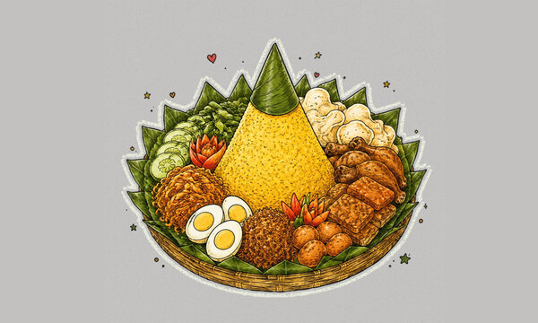 Traditional Javanese Yellow Rice cone Nasi Tumpeng with Assorted Side Dishes