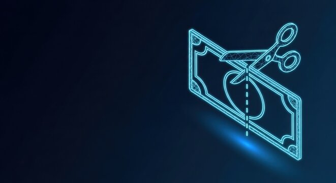 Neon blue illustration of a dollar bill symbolizing finance and economy on a dark background