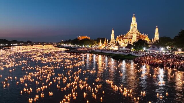 Crowds watching floating lanterns near golden temple at night