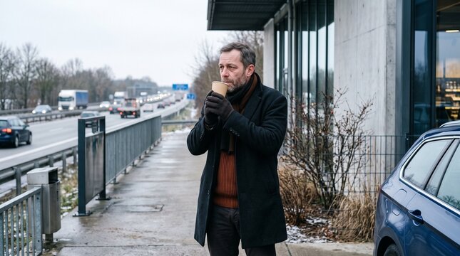 Commuter pauses after a winter roadside fuel stop