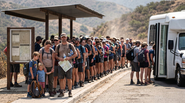 Visitors crowd a shuttle stop near a scenic access route
