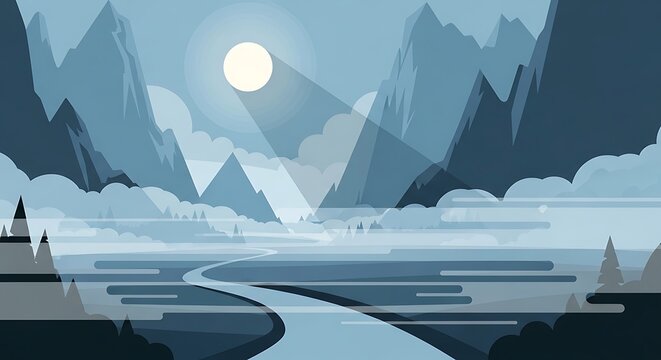 Serene winter landscape with snow covered mountains and frozen lake.