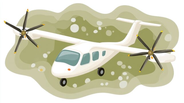 Modern twin-engine propeller airplane flying over abstract green background