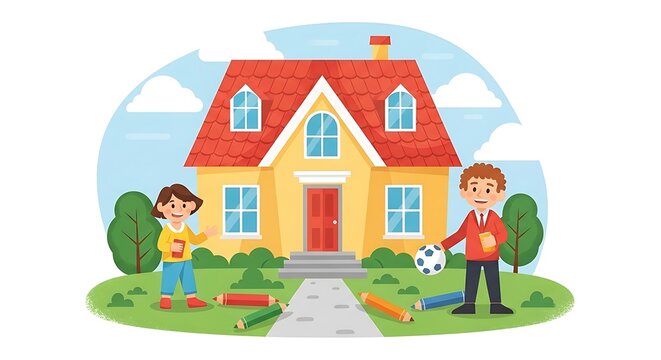Happy family standing in front of colorful suburban home.