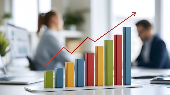 photorealistic financial growth concept with colorful ascending bar graph and upward trend line floating above a professional business desk, businessman working in softly blurred background, modern